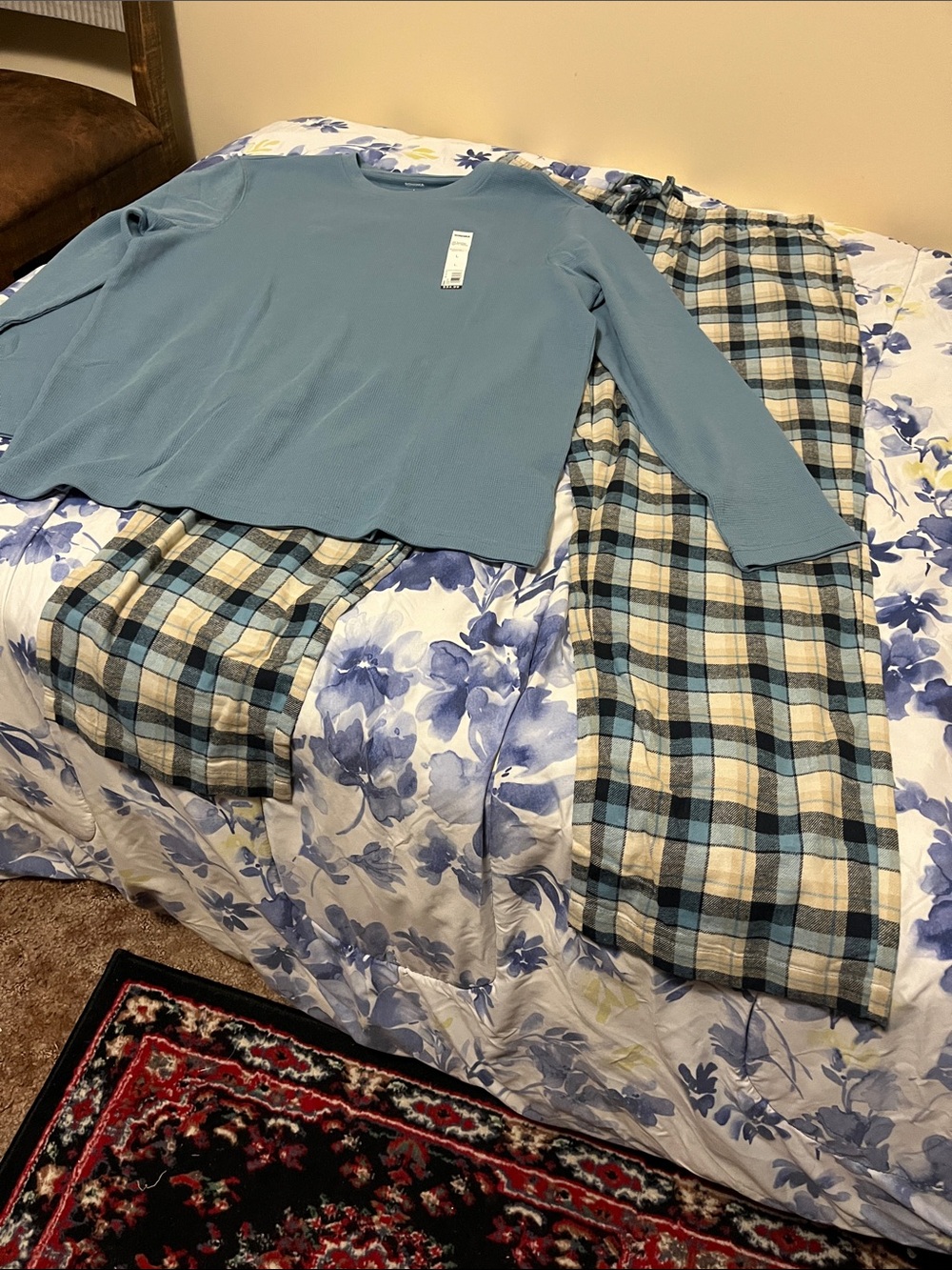 Sonoma Blue Long-Sleeve Top with Blue and Cream Plaid Pajama Pants